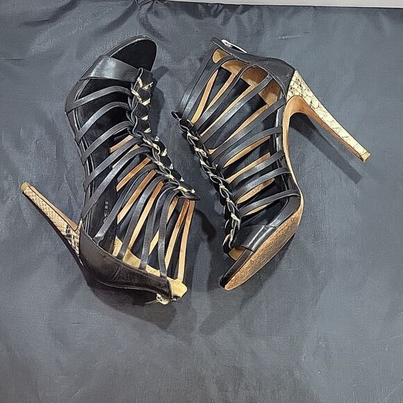 COACH JOSEY WOMEN'S BLACK LEATHER SNAKE HIGH HEELS OPEN TOE SHOES - Picture 8 of 16